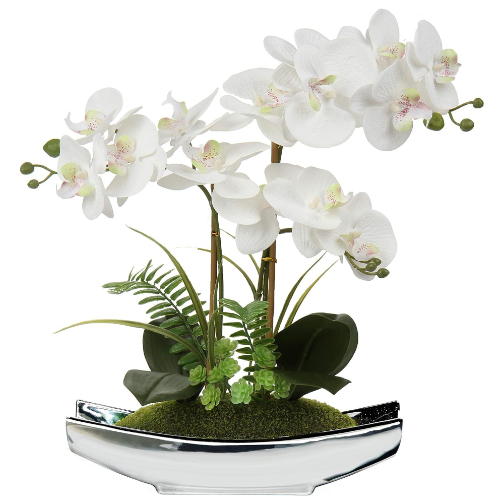 Faux White Orchid with Silver Pot