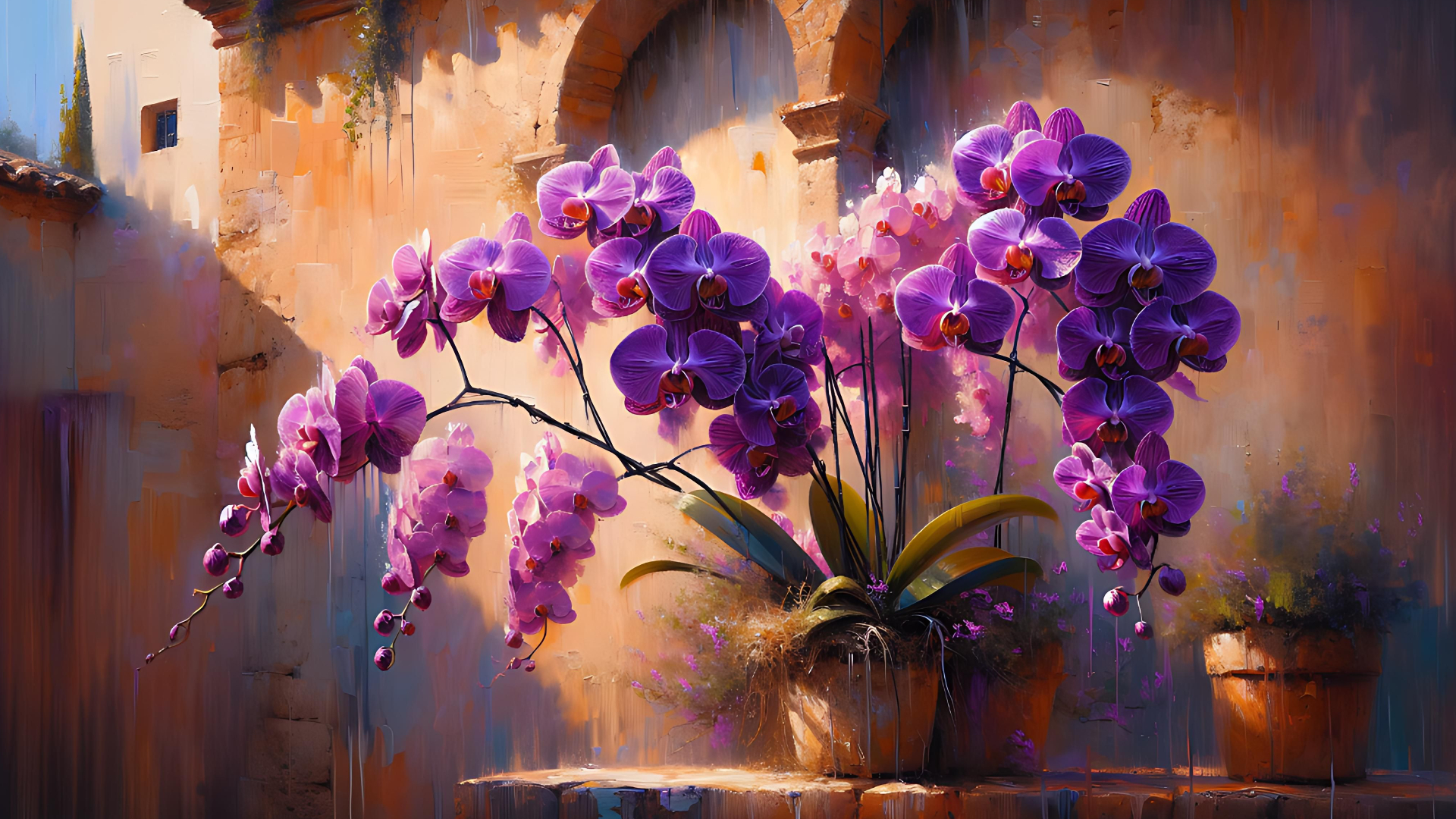 Beautiful Orchid with purple flowers in a rustic Mediterranean settting