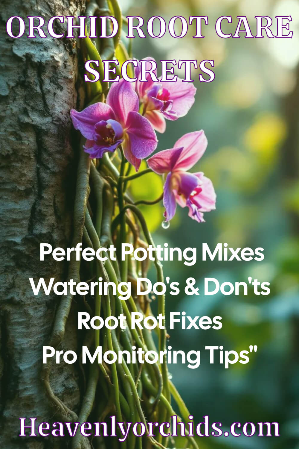 Close-up of healthy Vanda orchid with long silver roots cascading down cork mount, purple flowers in bloom, tropical sunlight