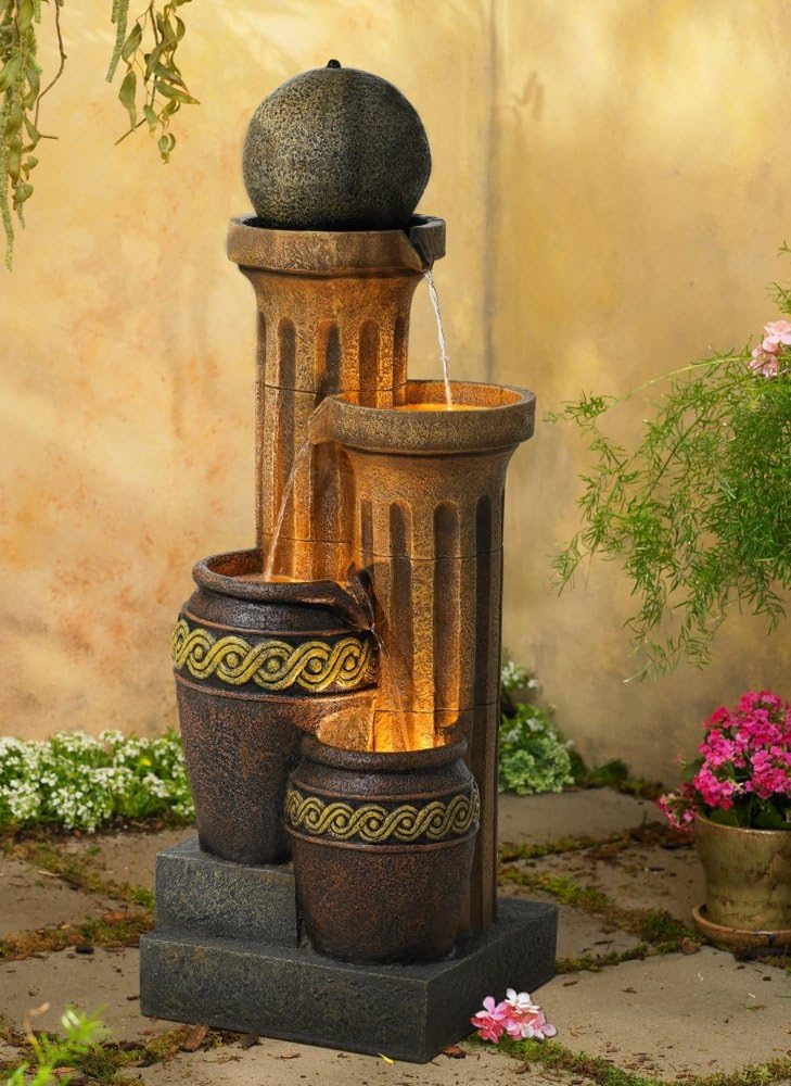 Rustic outdoor water fountain with sphere jugs and column design, standing 50 inches high, featuring cascading water and LED lighting, perfect for gardens, patios, backyards, decks, or porches Rustic outdoor water fountain with sphere jugs and column design, standing 50 inches high, featuring cascading water and LED lighting, perfect for gardens, patios, backyards, decks, or porches