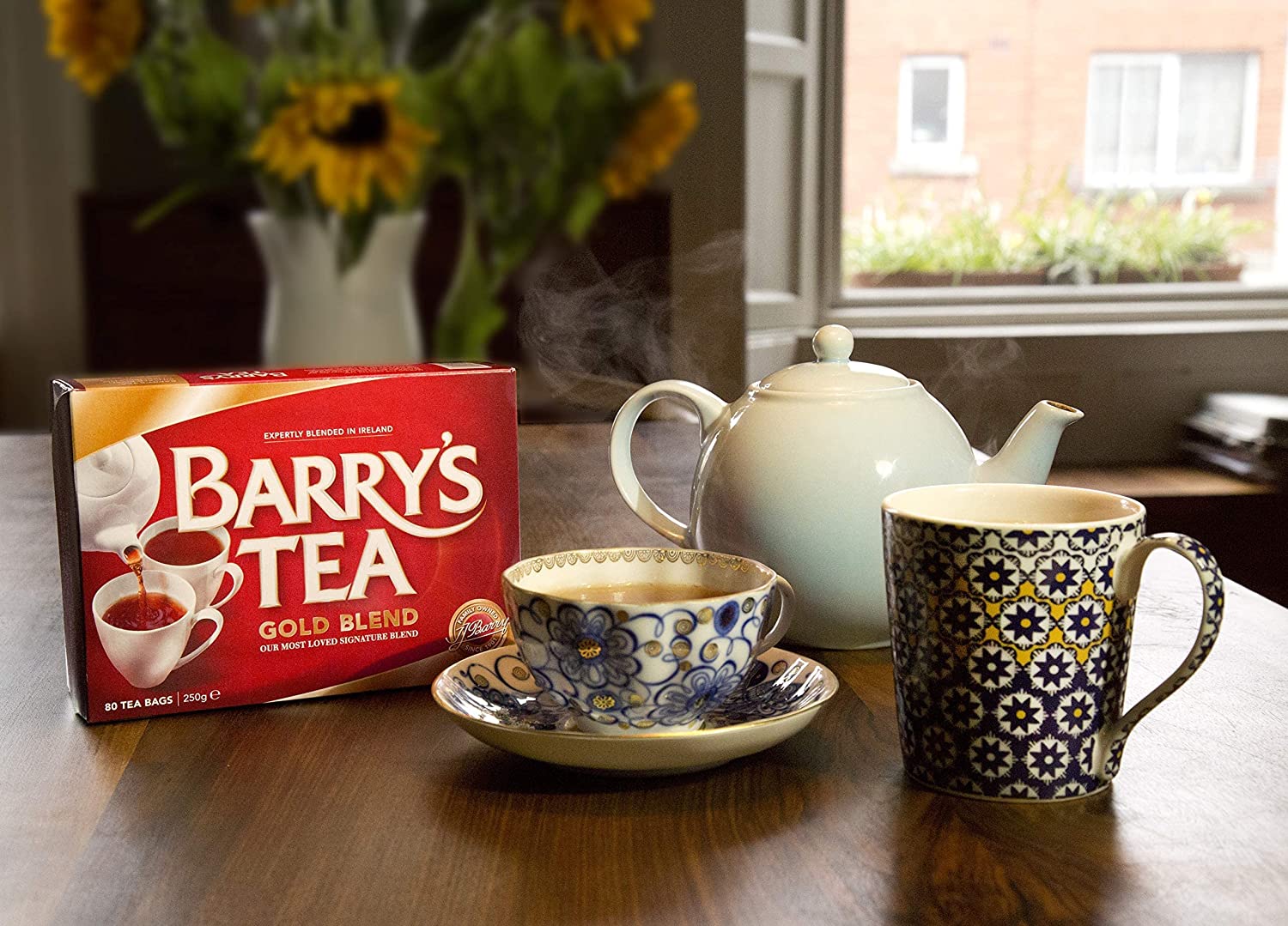 barry's tea with ceramic tea pot and cups